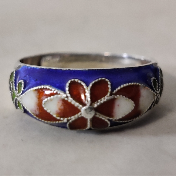 Chinese Export Jewelry - Vintage Chinese Export Cloisonne Sterling Silver Adjustable Ring